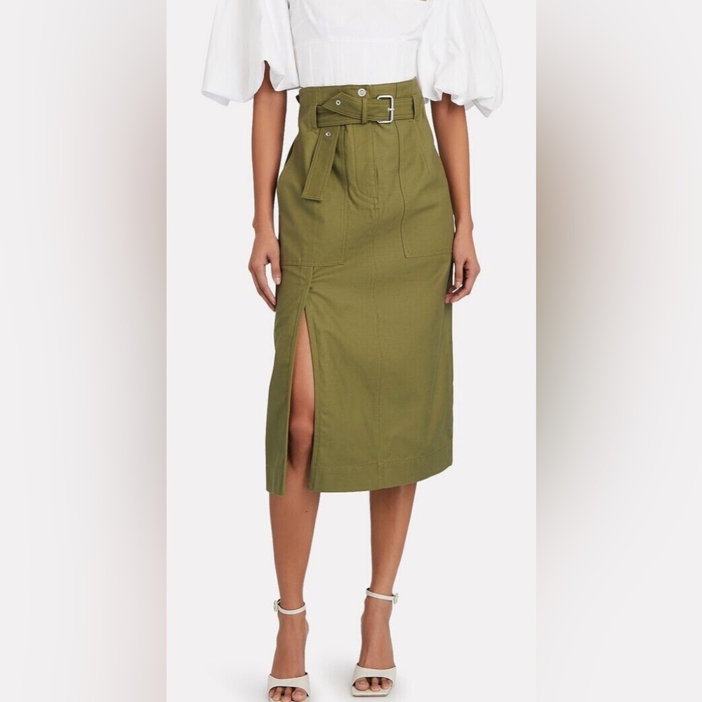Khaki Forest Green Zipper Belted High-Waist Bucket 100% Cotton Casual Skirt Sz L